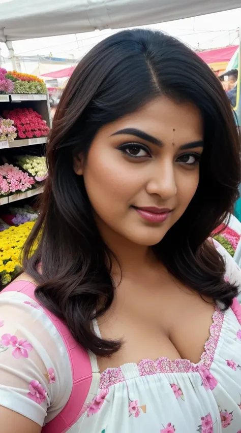 srabanti chatterjee Indian beautiful actress curvy plus size hour glass bulky figure woman, closeup camera view, wearing Tween Girl Ditsy Floral Print Ruched Bust Cami Top, different style hairstyle, bright eyes, thin eyebrows, fair skin, blushing cheeks, ...