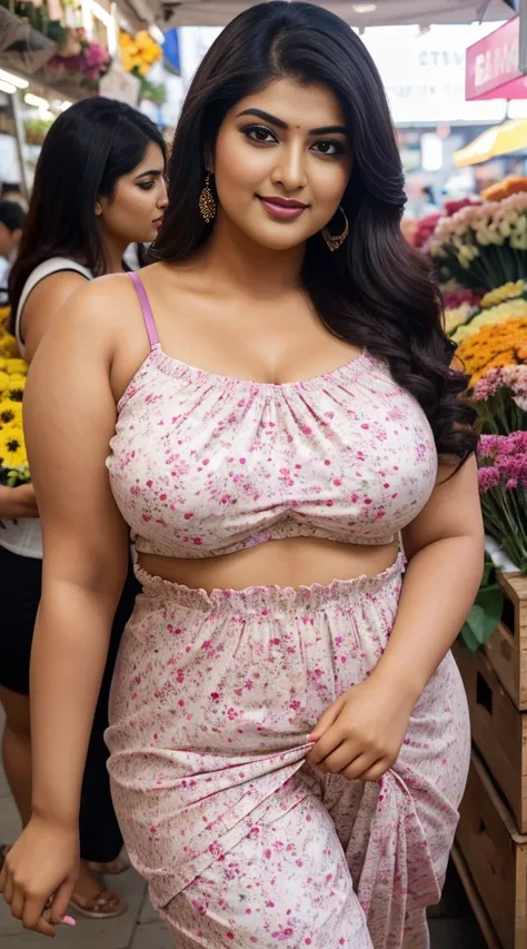 srabanti chatterjee Indian beautiful actress curvy plus size hour glass bulky figure woman, closeup camera view, wearing Tween Girl Ditsy Floral Print Ruched Bust Cami Top, different style hairstyle, bright eyes, thin eyebrows, fair skin, blushing cheeks, ...