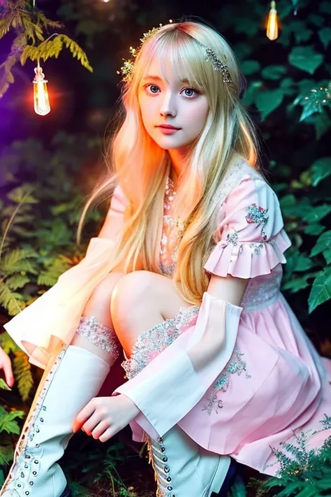 Light blonde hair anime girl with pale blue purple eyes, exquisitely adorned in a pink dress featuring puff sleeves, and donning pristine white knee-high boots, sits nestled amongst the foliage of a serene forest. A radiant orange mushroom, aglow with biol...