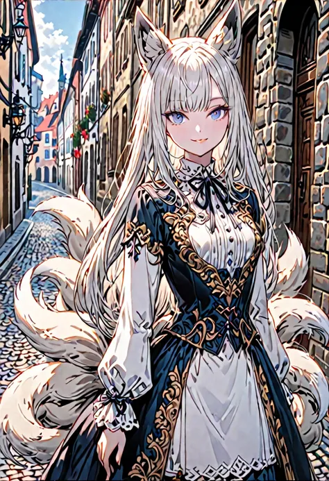 solo, female, sfw, medium shot, silver hair, long straight hair, blue eyes, fox ears, multiple tails, fox tails, Baroque fashion, cobblestone street, gentle smile