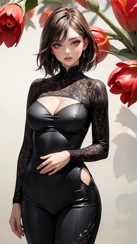 (best quality, ultra-detailed, photorealistic:1.37), attractive woman, perfect slim fit body, big breasts, abstract, tulips