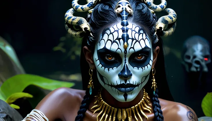 female upper body in mythical water, water surface, masterpiece, perfect face, intricate details, horror theme, epoxy_skull, dark nightmare of a 21 years old Voodoo priestess young woman with voodoo makeup and snakes in her hair, aswang, medium-sized human...