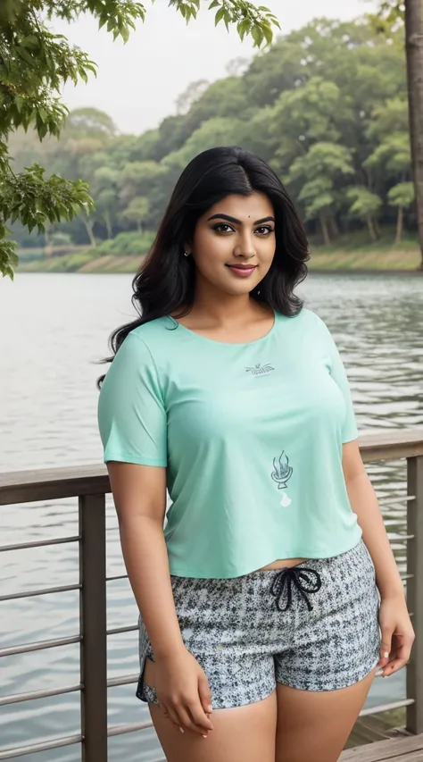 srabanti chatterjee Indian beautiful actress curvy plus size hour glass bulky figure woman, closeup camera view, wearing Young Boy Spider Printed Color Block Short Sleeve Top And Shorts Set For Summer, different style hairstyle, bright eyes, thin eyebrows,...