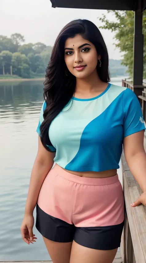 srabanti chatterjee Indian beautiful actress curvy plus size hour glass bulky figure woman, closeup camera view, wearing Young Boy Spider Printed Color Block Short Sleeve Top And Shorts Set For Summer, different style hairstyle, bright eyes, thin eyebrows,...