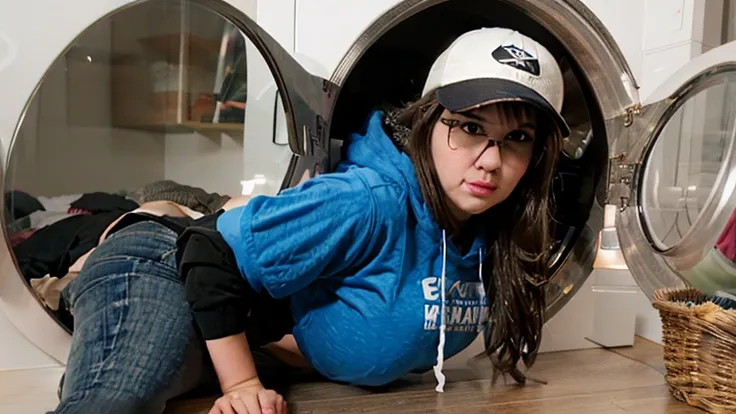 brunette ssbbw wearing leggings and a hoodie with glasses and a baseball cap stuck in the washing machine