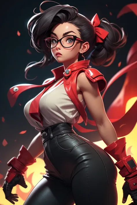 Wide angle shot, beautiful female street fighter, wearing large glasses, black undercut hair, Wear large steel gloves