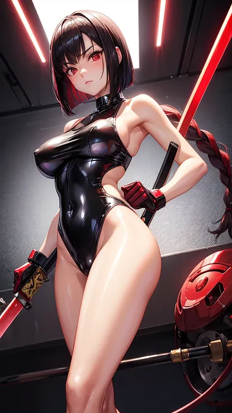 solo girl,Glossy metalic light silver tank top, tight latex shiny, Red interpolation color,Black hair bob,red eyes, camel toe, Samurai Sword,
Lift one leg,