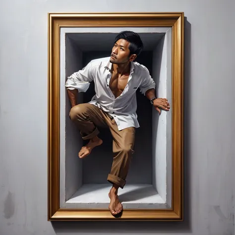 oil painting an indonesian man, apparently in a state of surprise or curiosity, emerges from a rectangular frame. he was wearing...