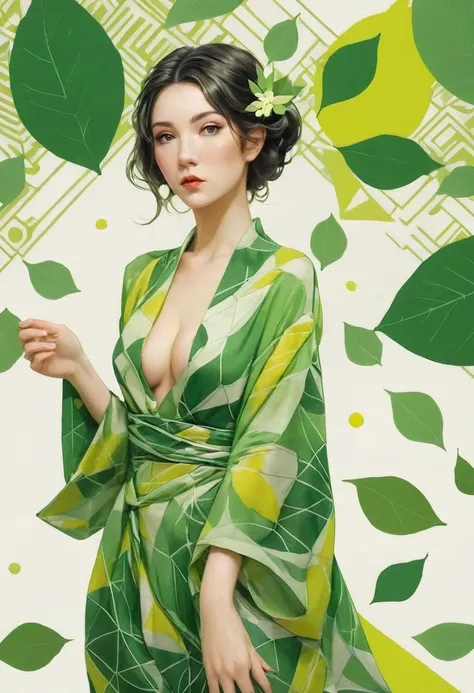 Elf female, feminine look, sexy hair, green outfit, leaves around body, swirling air movement, wide angle, full body view, loose fabric, geometric shapes, small breasts, lemon pattern kimono, rated R, up-do hair, Bauhaus, geometric shapes