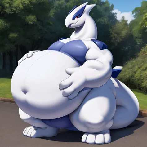 Massive, Solo, Pokemon, Lugia, obese, small face, huge belly, thick arms, belly touches the ground 