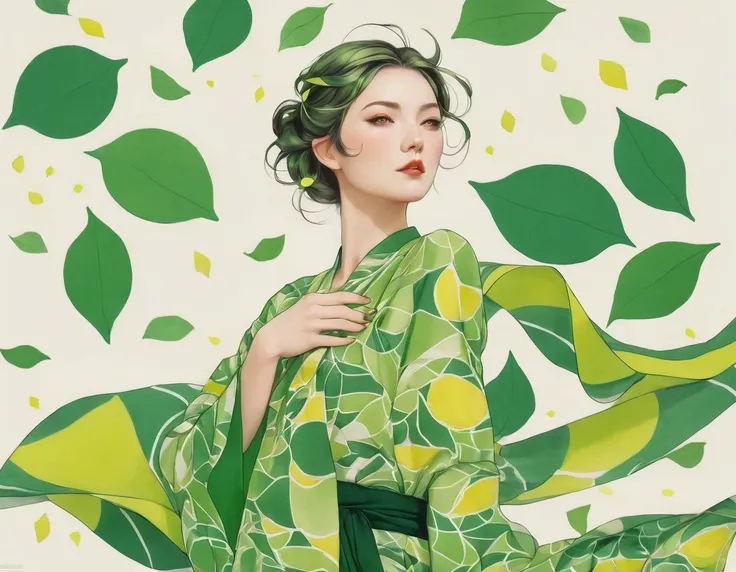 Elf female, feminine look, sexy hair, green outfit, leaves around body, swirling air movement, wide angle, full body view, loose fabric, geometric shapes, small breasts, lemon pattern kimono, rated R, up-do hair, Bauhaus, geometric shapes