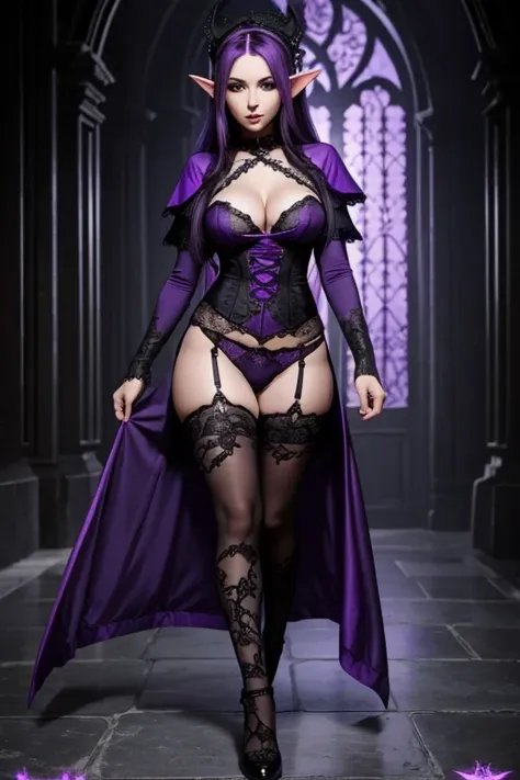 Sexy gothic, large breasts, laced clothing, full body, purple, and black, necromancer, elf, purple hair, regal