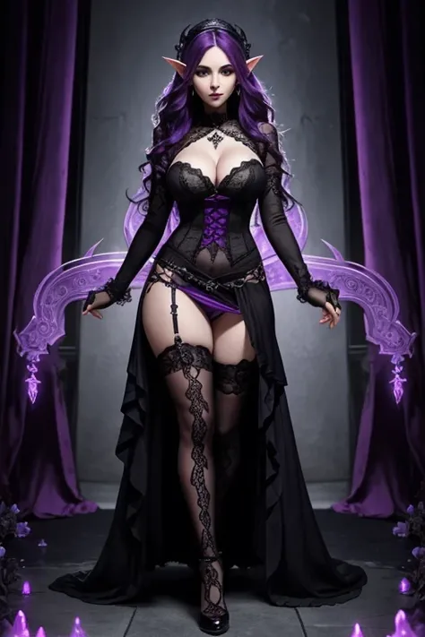 Sexy gothic, large breasts, laced clothing, full body, purple, and black, necromancer, elf, purple wavy hair, regal, skull