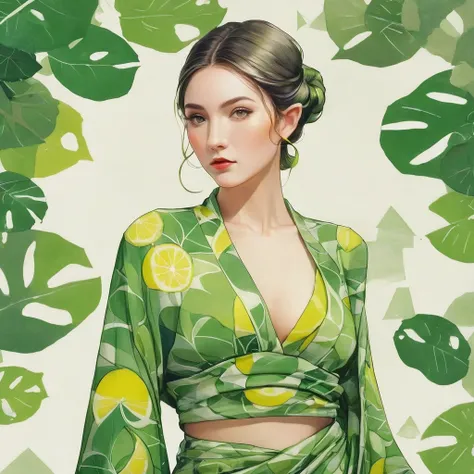 Elf female, feminine look, sexy hair, green outfit, leaves around body, swirling air movement, wide angle, full body view, loose fabric, geometric shapes, small breasts, lemon pattern kimono, rated R, up-do hair, Bauhaus, geometric shapes