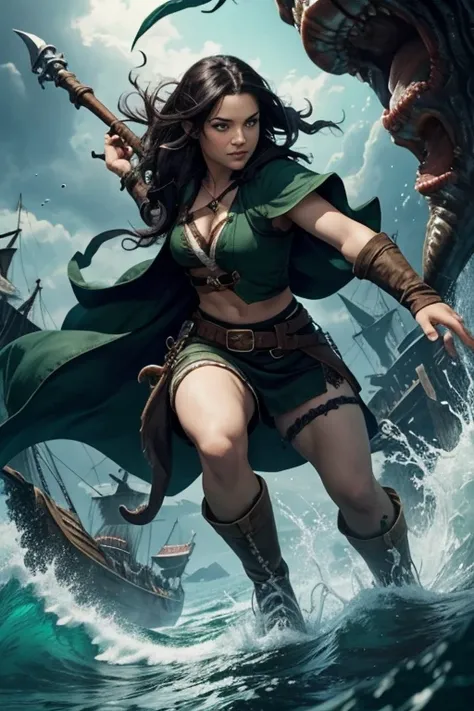 Halfling female pirate, black hair, emerald green eyes, full body, roguish clothing, fighting giant squid 