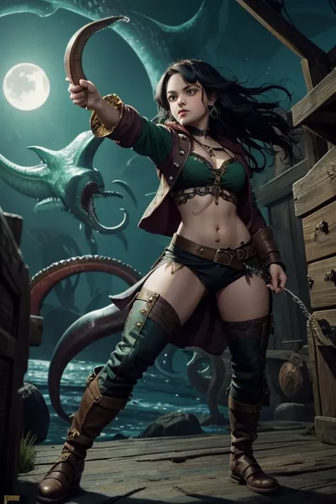 Halfling female pirate, black hair, emerald green eyes, full body, roguish clothing, fighting giant squid, piercings