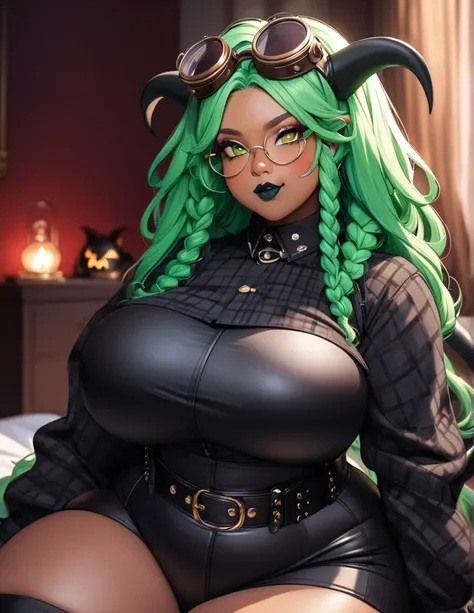 dark skin, brown skin, black femboy, dark skinned femboy, ebony skin, green buns hair, he has green space dreadlocks, green buns hair, circle glasses, circle glasses, sexy goth crop flannel outfit, goth outfit, plus sized, he is plus sized, thick, curvy, f...