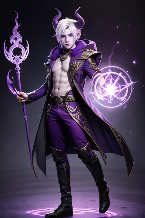 Tiefling teen male with purple skin,sorcerer, casting spell, full body, white hair short, purple skin, purple horns 