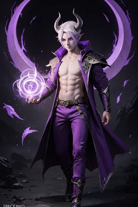 Tiefling teen male with purple skin,sorcerer, casting spell, full body, white hair short, purple skin, purple horns 