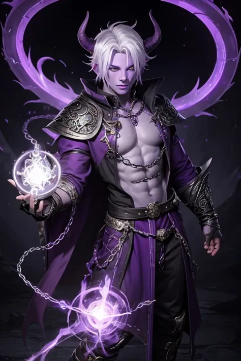 Tiefling male with purple skin,sorcerer, casting spell, full body, white hair short, purple skin, purple horns, chains, piercings 
