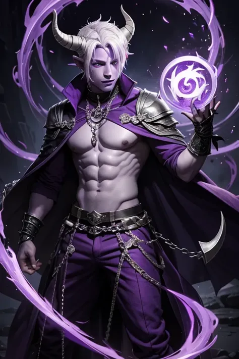 Tiefling male with purple skin,sorcerer, casting spell, full body, white hair short, purple skin, purple horns, chains, piercings, pants