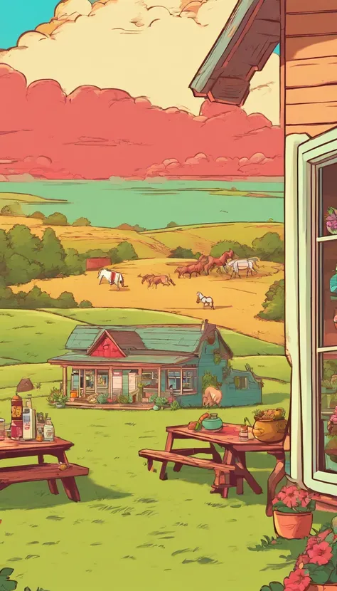 In lofi art style, From the porch of a farm house, looking at the field with horses grazing. There are decorations in the front porch, wooden table and chair with various tasty food items on it. Its a summer day.