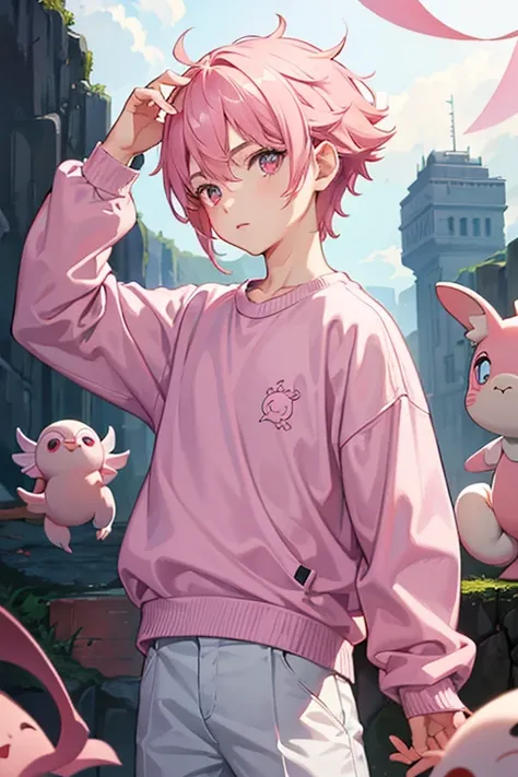 a boy with a pink sweater, pink eyes, and an axolotl on his head 