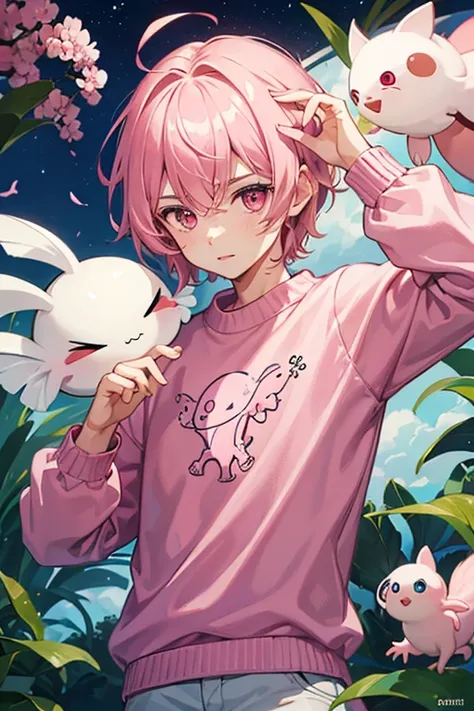 a boy with a pink sweater, pink eyes, and an axolotl on his head 