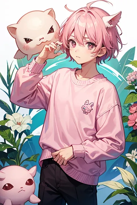 a boy with a pink sweater, pink eyes, and an axolotl on his head 