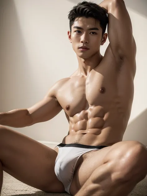 Masterpiece, Best Quality, Solo, Asian Model Men, muscular, white skin, lifted arms, shaved underarm, spread legs, studio background, lying on the floor, hard lighting, Natural eyes, Short and delicate black hair, Sexy Man, looking at the viewer, shirtless...