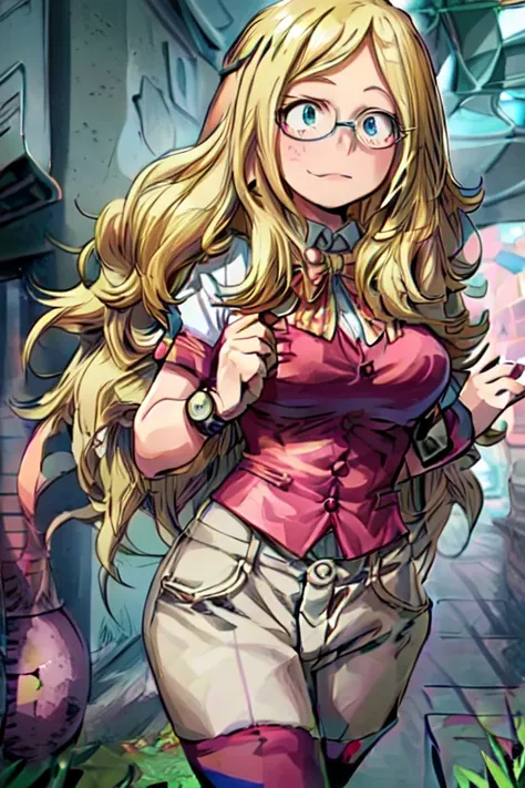 melissa shiel,(from boku no hero academia anime),(wavy blonde hair, reaching halfway down her back) (wearing pink glasses with o...