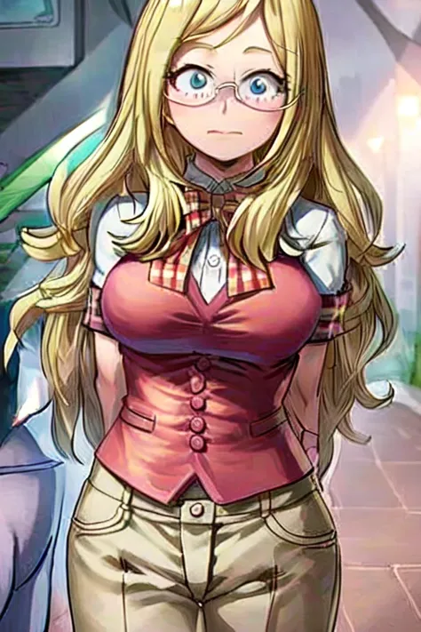 melissa shiel,(from boku no hero academia anime),(wavy blonde hair, reaching halfway down her back) (wearing pink glasses with o...