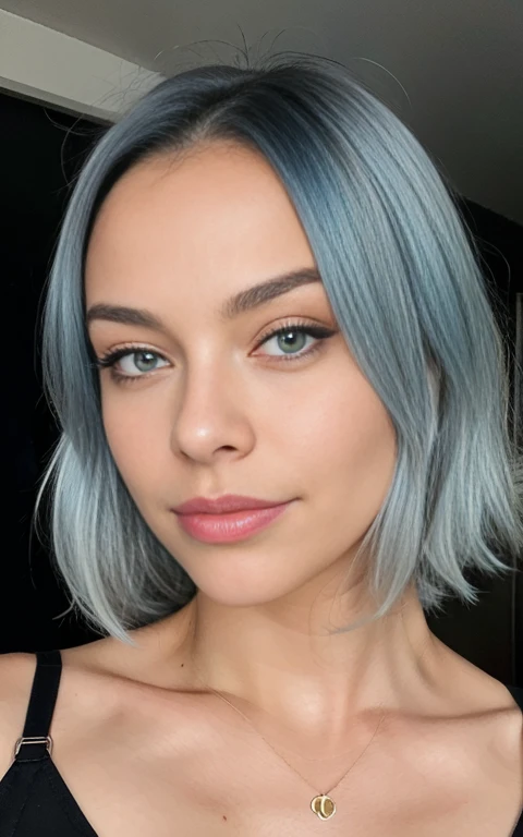 Fotografia profissional, beautiful woman with white skin and blue hair with black roots, de 24 anos , um sinal no queixo, rosto inocente detalhado,  foto com qualidade, vestida de manga longas