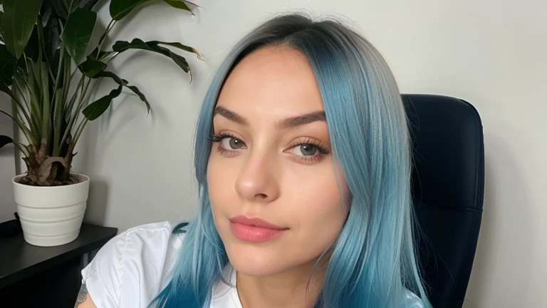 Fotografia profissional, beautiful woman with white skin and blue hair with black roots , de 24 anos , um sinal no queixo, rosto inocente detalhado,  foto com qualidade, she is sitting on a chair in the office , super bem vestida, vestida formalmente 