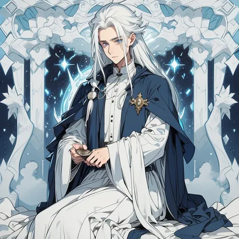 man, wizard clothing, magician, white hair, long hair, blue eyes, delicate appearance.