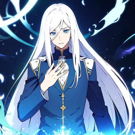 man, wizard clothing, magician, white hair, long hair, blue eyes, delicate appearance.