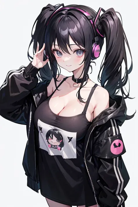 masterpiece,anime style,chibi,sexy girl,black hair,shoulder length hair with two pigtails,black jacket,with headphones,lo fi background,smiling,big breasts,listening to music,waiting on the right side of the image,showing cleavage,full body,standing,black ...