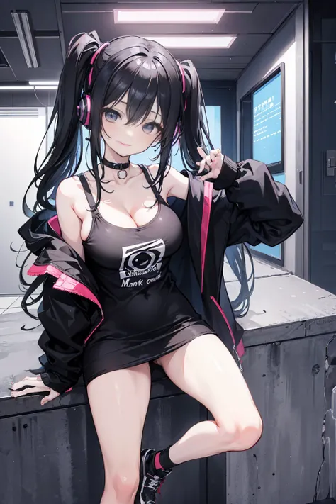 masterpiece,anime style,chibi,sexy girl,black hair,shoulder length hair with two pigtails,black jacket,with headphones,lo fi background,smiling,big breasts,listening to music,waiting on the right side of the image,showing cleavage,full body,standing,black ...