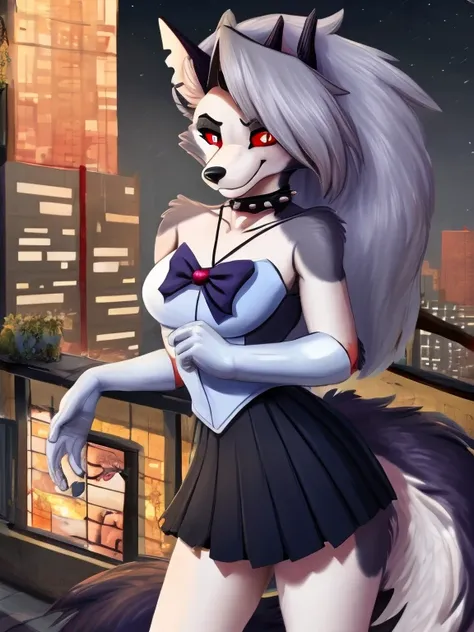 1girl, ((loona hellhound:1.2)) (furry:1.2), (fluffy:1.1), (anthro:1.2), (snout:1.2), smile, spiked collar, long hair, (loonasailorsenshiunifrom:1.1), (slit pupils:1.1, white eyes:1.1, red sclera), rooftop, plants, urban, masterpiece, best quality, highres,...