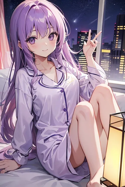 (T masterpiece，4k wallpaper，highest quality))、((girl１people々々))、(一people々in)、Bright and brilliant，(Light purple hair)、(Long Hair:1.3)、smile、Bedroom、pajamas、night