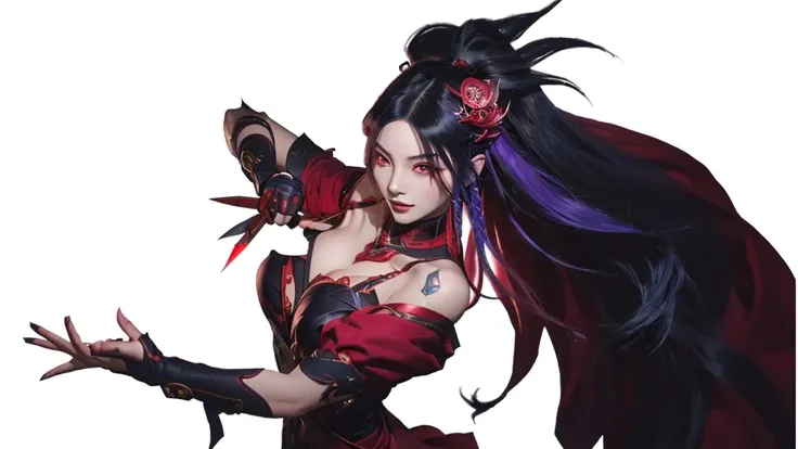 a girl with long hair and a red dress holding a knife, irelia, katarina, arcane jinx, akali, league of legends character, onmyoji portrait, portrait of jinx from arcane, style artgerm, inspired by Ju Lian, style league of legends, leblanc, artgerm style, a...