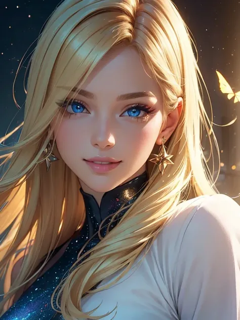 (Best quality,ultra detailed,photorealistic:1.37),bright and rich colors,studio lighting,playful facial expression,stylish makeup,Long blonde hair fluttering in the wind,inviting eyes,glossy lips,sexy pose, Space Cadet, cabin, I smile confidently and seduc...