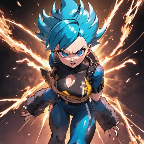 Anime style, bulma variation, gothic clothing, darkened theme background, super sayian 3 female, blue lightning, full body, 3D Image 