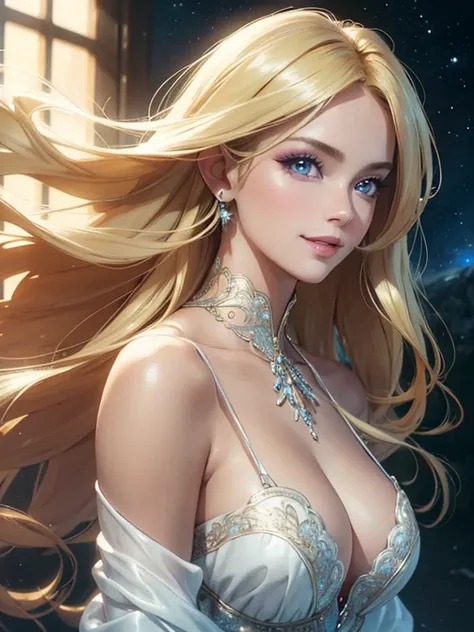 (Best quality,ultra detailed,photorealistic:1.37),bright and rich colors,studio lighting,playful facial expression,stylish makeup,Long blonde hair fluttering in the wind,inviting eyes,glossy lips,sexy pose, (((deep neckline))), Space Cadet, cabin, I smile ...