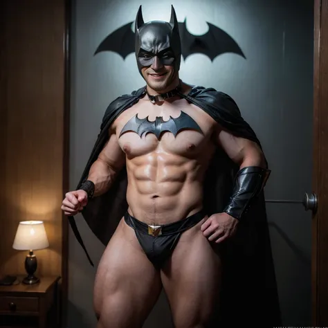 ((Men only)),   (handsome man in his 20s), (batman), (Batmans appearance is characterized by sexy micro thong , adorned with a bat emblem), (Mischievous smile),  HIG quality, beautidful eyes, (Detailed face and eyes), (Face、: 1 / 2), Noise, Real Photograph...