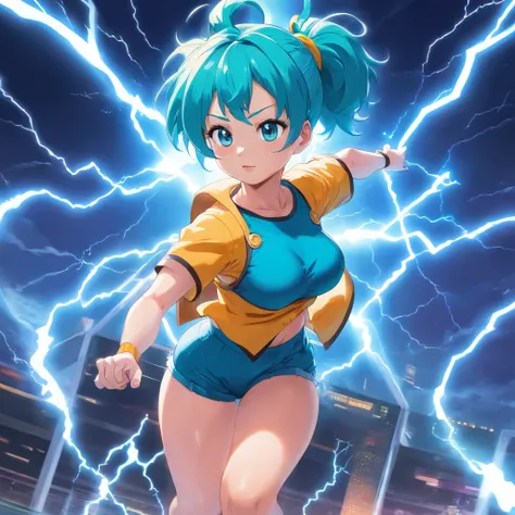 Anime girl, bulma variation, thick thighs, large breasts, super sayian 3 female form, glowing blue lightning, full body, gothic attire, 3D Image 