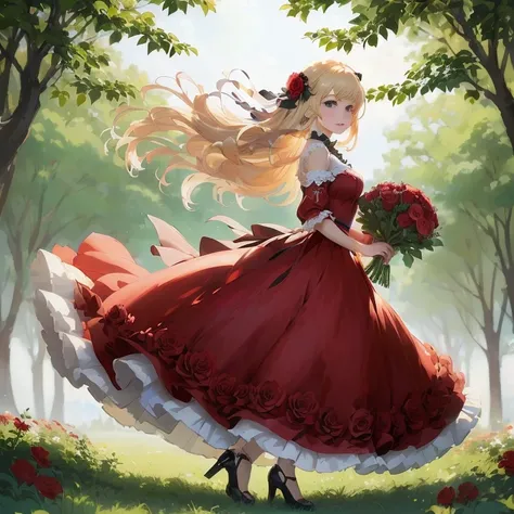 anime girl in red dress with flowers in hand and trees in background,  in dress, cushart krenz key art feminine, cute anime waifu in a nice dress, blonde - haired princess, portrait of lolita, guweiz on pixiv artstation, beautiful anime, beautiful anime ar...