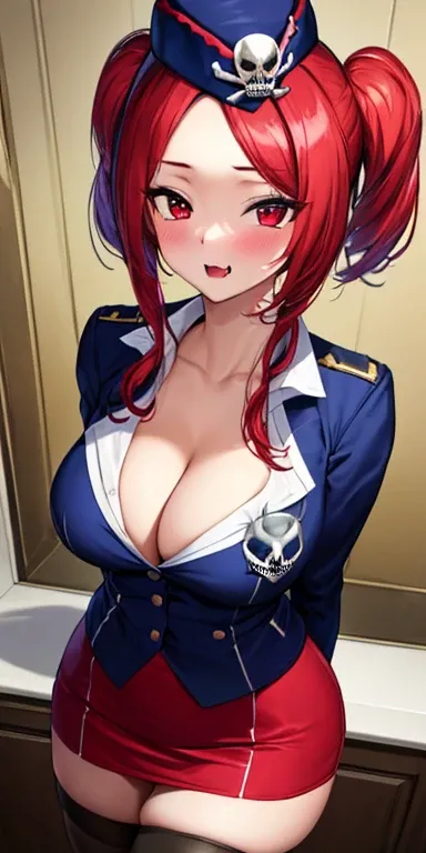 masterpiece, best quality, ultra-detailed, illustration,masterpiece, Best quality, high resolution, high resolution, 1girl, solo, red hair, red eyes, twintails, employee uniform, pencil skirt, tight skirt,miniskirt,skull print, navy cap, fang, black legwea...