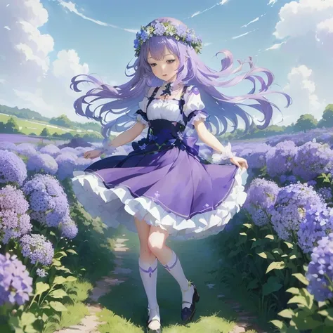 anime girl in a purple dress and a flower crown in a field of flowers, the non-binary deity of spring, official artwork, anime visual of a cute girl, deity of hydrangeas, standing in a flower field, marin kitagawa fanart, cushart krenz key art feminine, an...