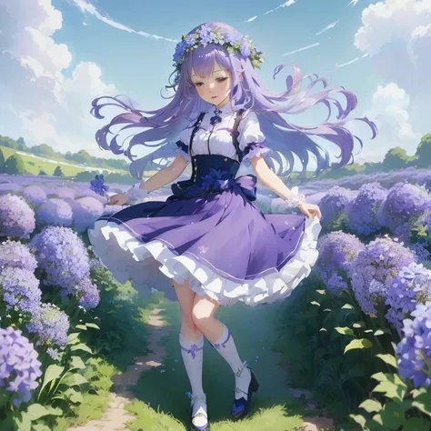 anime girl in a purple dress and a flower crown in a field of flowers, the non-binary deity of spring, official artwork, anime visual of a cute girl, deity of hydrangeas, standing in a flower field, marin kitagawa fanart, cushart krenz key art feminine, an...